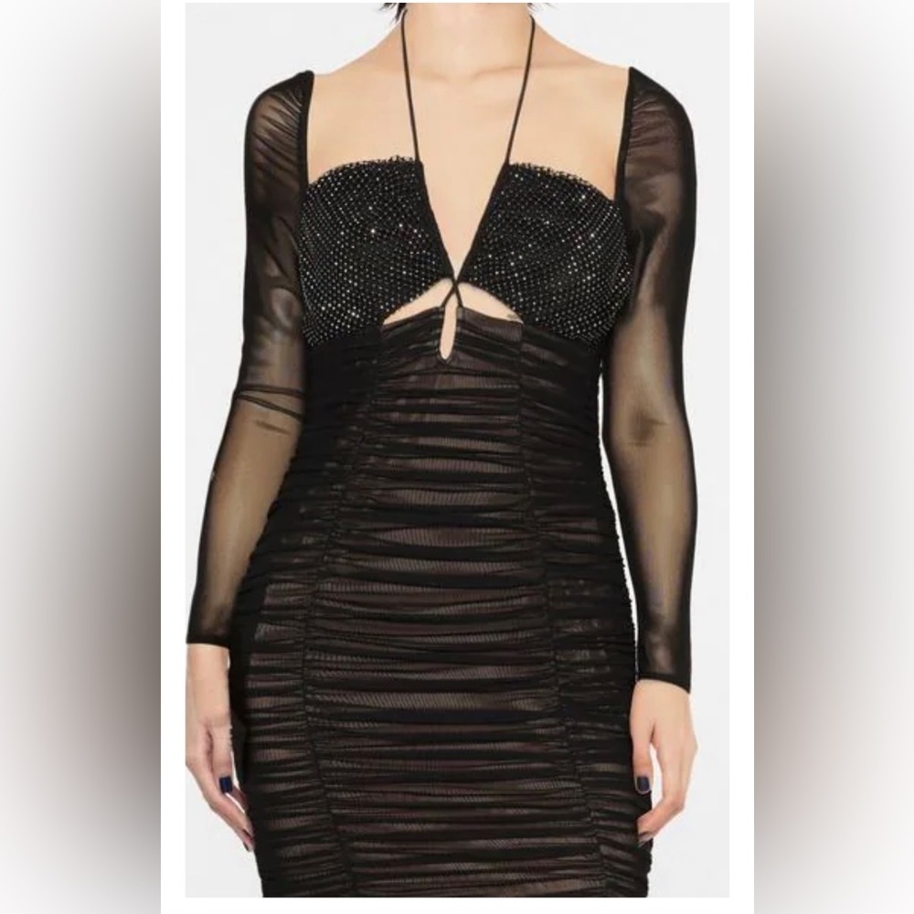 Self-Portrait Black Ruched Mesh Mini Dress with Embellished Bust
